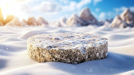 Snowy stone podium. Mountain backdrop, bokeh effect. Bright