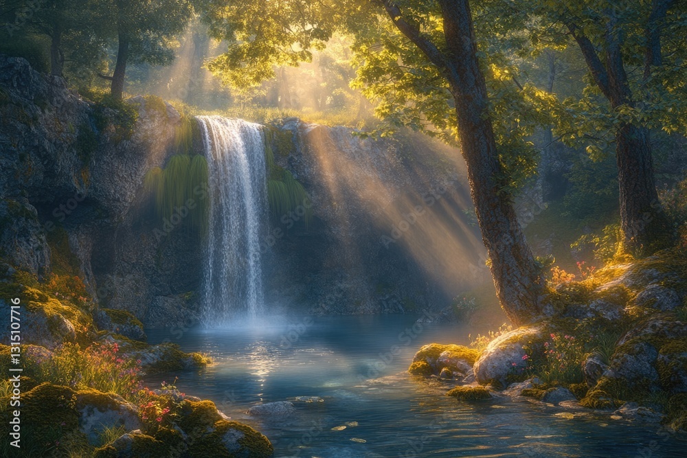 Poster Sunbeams illuminate a serene waterfall cascading into a tranquil pool, nestled within a lush, green forest.