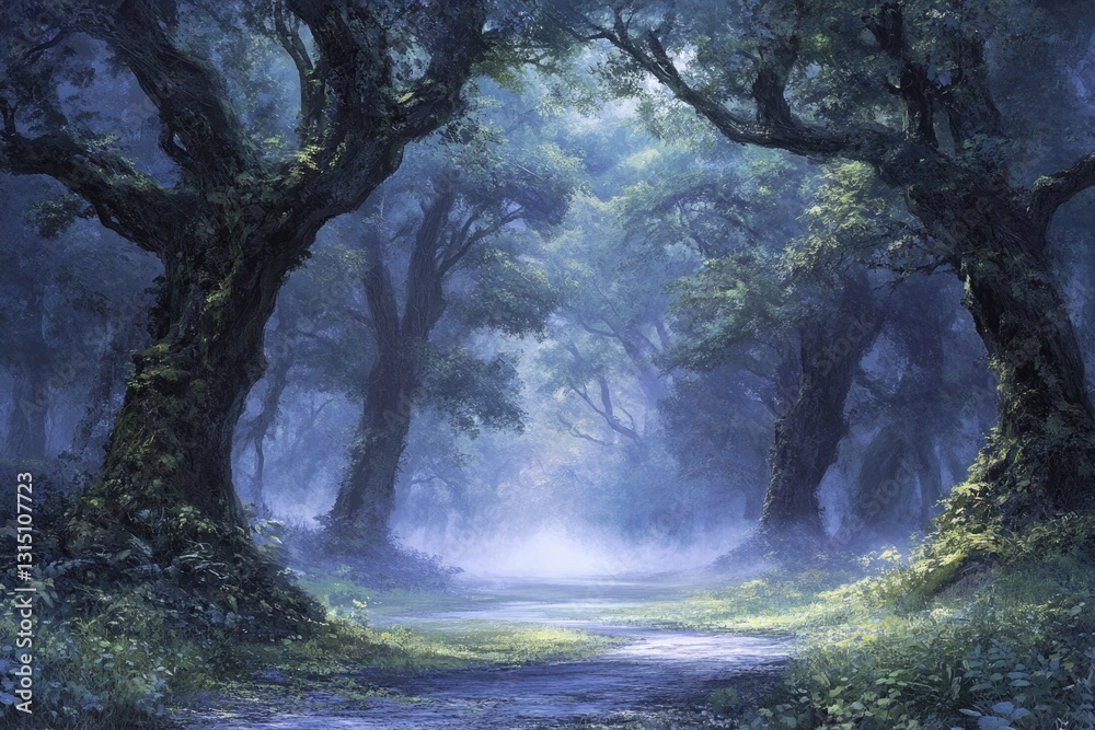 Poster Misty forest path winds through ancient, moss-covered trees, creating an ethereal atmosphere.