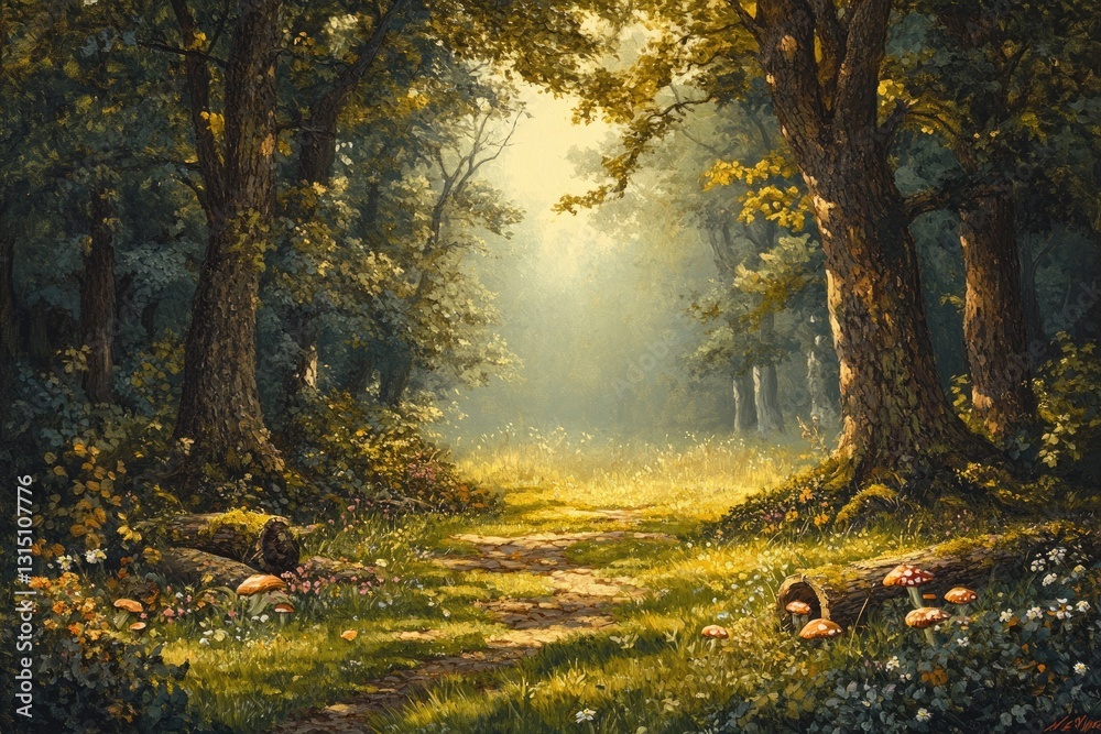 Poster Sunlit forest path winds through lush greenery, creating a magical, serene atmosphere.