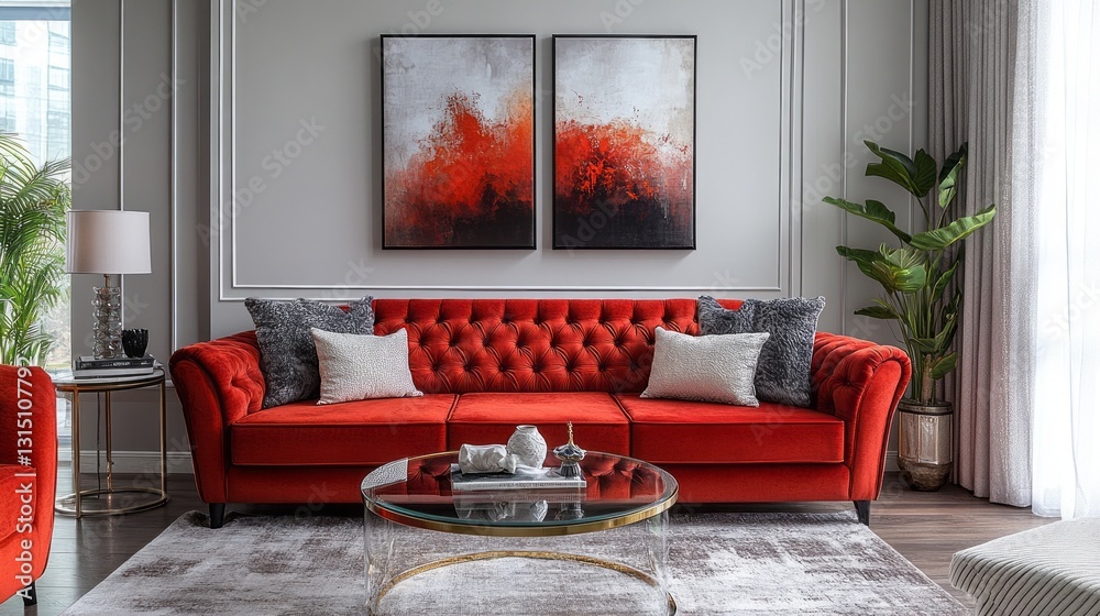 Poster a stylish living room features a plush red sofa with tufted design, complemented by abstract art on 