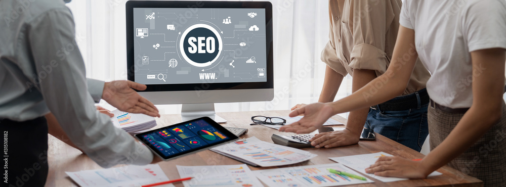 Aufkleber seo search engine optimization for brisk e-commerce and online retail business showing on computer s