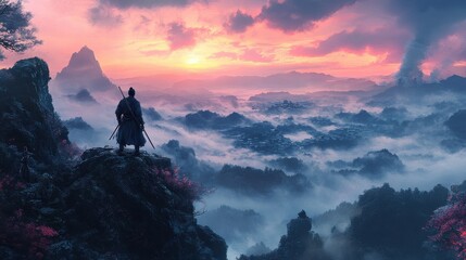 Ronin gazing at horizon from rocky cliff edge