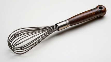 Wooden-handled metal whisk on white background