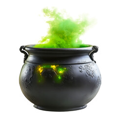 Black cauldron with bubbling green potion and mystical steam isolated on a transparent background. Classic witch's pot filled with boiling magical liquid, commonly associated with fantasy.