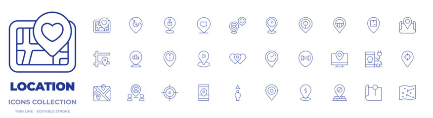 Location icons collection. Thin Line icons, editable stroke. location, location pin, positioning, placeholder, place, map, maps, crosshair