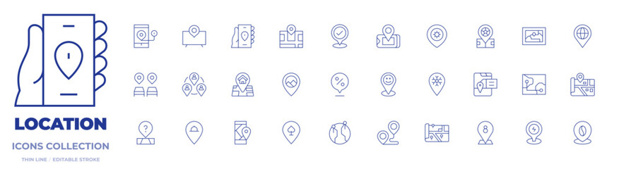 Location icons collection. Thin Line icons, editable stroke. smart tv, location, community, gps, restaurant, map, destination, phone, winter, location pin, check