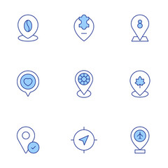 Location icons set. Line Duotone style, editable stroke. location pin, location, safe place