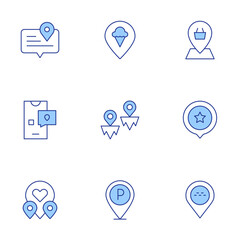 Location icons set. Line Duotone style, editable stroke. location pin, star, parking, location, send, speech bubble, placeholder