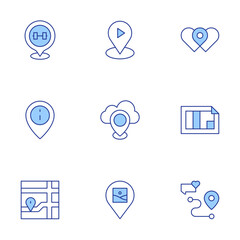 Location icons set. Line Duotone style, editable stroke. location, gym, gallery