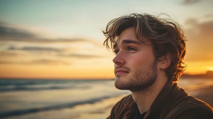 Fototapeta premium Pensive young man gazes towards the ocean at sunset, lost in contemplation and enjoying the tranquil scenery.