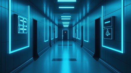 Fototapeta premium Hospital corridor with emergency signs and stretchers in motion