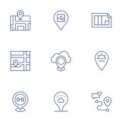 Location icons set. Thin Line style, editable stroke. gps, location, gym, gallery, sun, location pin