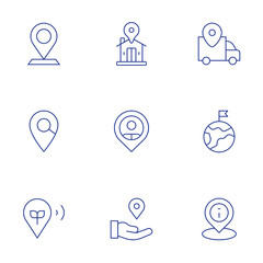 Location icons set. Thin Line style, editable stroke. location pin, location, share location, delivery, visiting, information, search