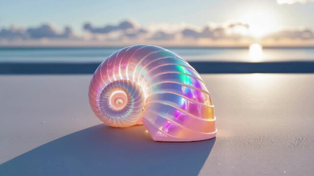 A shell with a rainbow pattern sits on the beach