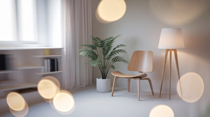 Minimalist Scandinavian Interior With Wooden Chair, Floor Lamp, and Green Plant