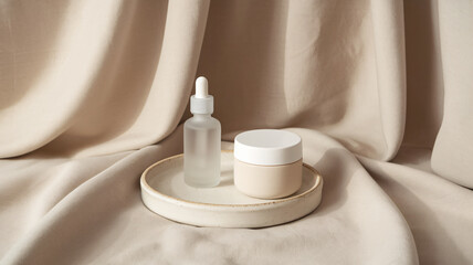Minimalist Skincare Product Display with Frosted Glass and Ceramic Elements