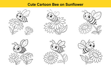 Bundle Cute Cartoon Bee on Sunflower Minimalist Black and White Coloring Page for Kids