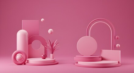 Elegant Pink 3D Geometric Shapes Product Display Background with Plant