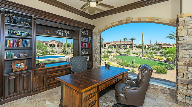 Luxurious home office with desert view, showcasing a built-in desk and bookcases, ideal for real estate listings
