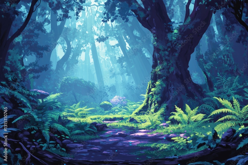 Aufkleber a mystical forest path bathed in ethereal light, surrounded by lush greenery and ancient trees.