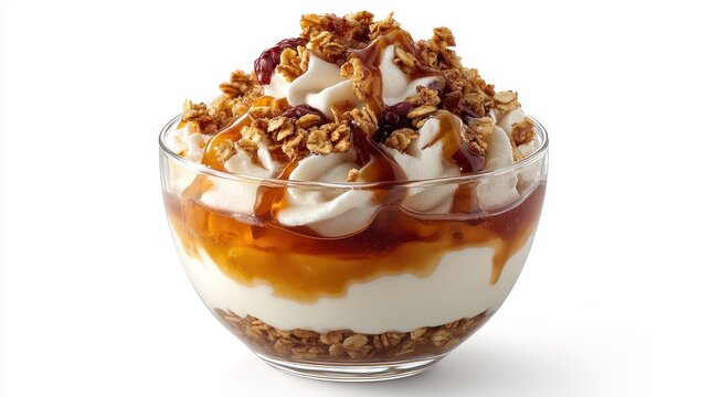 A bowl of fresh fruit yogurt parfait with granola and honey on a white isolated background