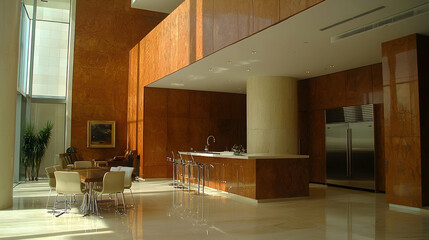 Luxurious modern apartment kitchen with city view, dining area, and sunlight streaming in, ideal for real estate brochures