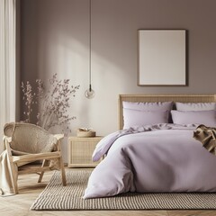A modern bedroom features a decorated bed with matching sheets and pillows
