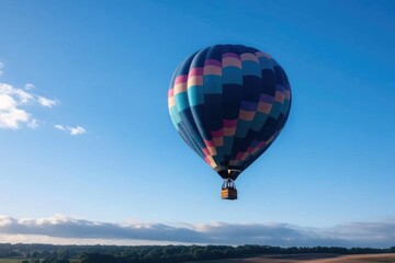 Fototapeta premium vibrant hot air balloon floats gracefully against clear blue sky evoking sense of adventure and freedom with passengers