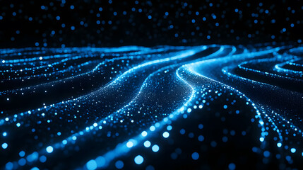 Abstract Blue Glowing Particle Waves Background