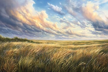 Obraz premium A serene landscape featuring golden grass under a dramatic sky with clouds.