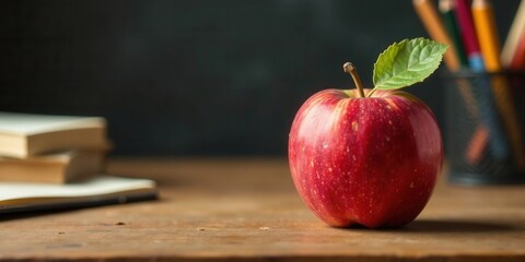 A vibrant red apple rests on a wooden surface, next to stacked books and colored pencils in a metal holder, symbolizing education and learning.
