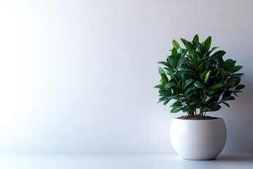 A lush green plant in a simple white pot sits against a minimalist white wall.