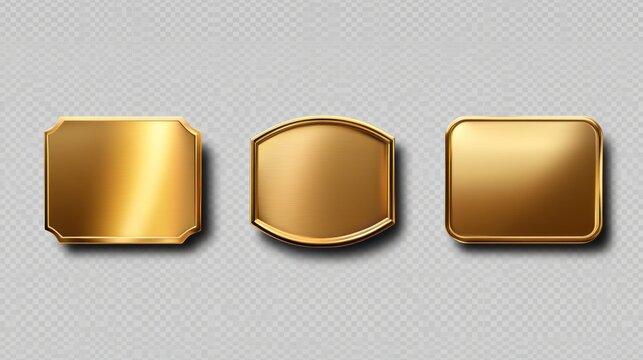 Three golden blank plates, square, shield, and rectangle shapes.