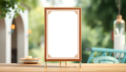 Stand Mock up Menu frame tent card blurred background design key visual layout. with white shades
