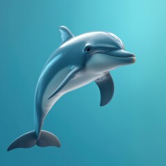 Fototapeta premium Vibrant dolphin leaping high, cheerful gaze, playful full-body depiction on a clean white backdrop.