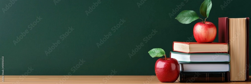Poster A green background with a stack of books and two apples on top