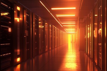 Fototapeta premium A captivating view of a modern data center corridor illuminated by warm orange lights, showcasing advanced technology and storage solutions in a sleek environment.