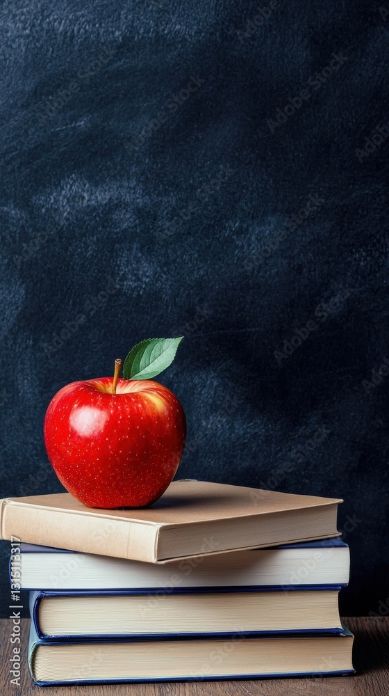 Aufkleber a red apple sits on top of a stack of books