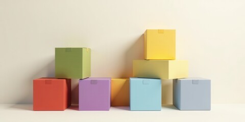 Fototapeta premium Pastel-colored boxes arranged in a visually appealing and balanced composition against a neutral backdrop, showcasing a variety of shapes and sizes for diverse product display applications