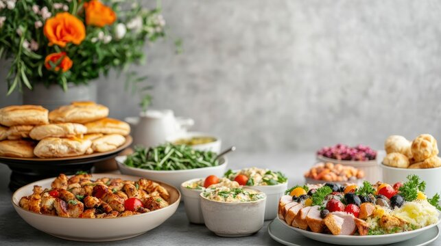 Beautifully decorated catering buffet table displaying an assortment of delicious food for a party celebration with flowers and copy space