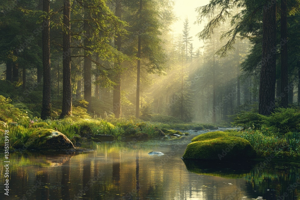 Poster Sunlit stream flows through a misty, moss-covered forest, creating a serene and magical atmosphere.