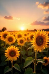 Obraz premium Golden Hour Sunflowers in a Vast Field at Sunset, Basking in the Warm Glow of the Evening Sun