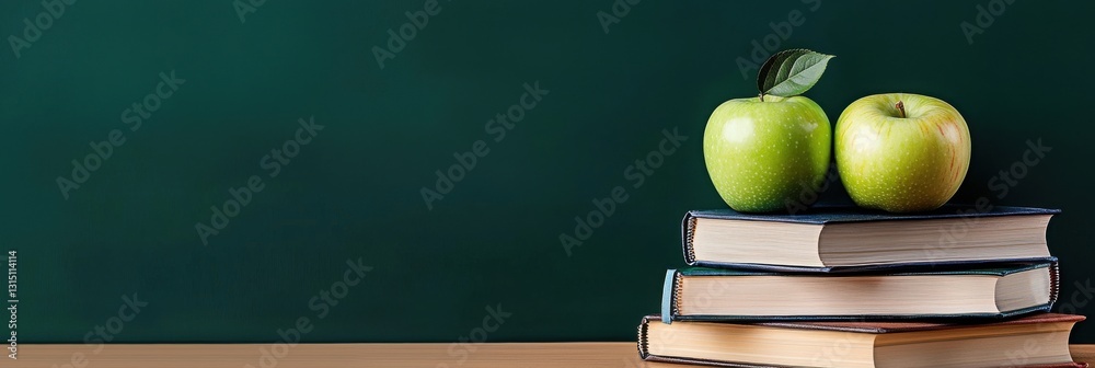 Poster a green apple sits on top of a stack of books