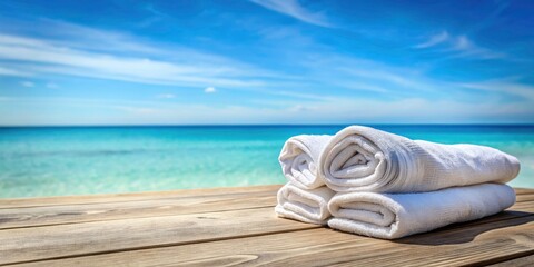 Obraz premium AI-Generated Beach Scene: White Towels on Wooden Deck, Ocean View
