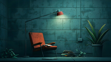 Nighttime reading corner, dimly lit basement, worn armchair, books, plants. Use Relaxing, moody atmosphere for websites or books