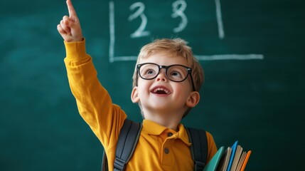 A young boy in glasses is pointing at a chalkboard with the numbers 3