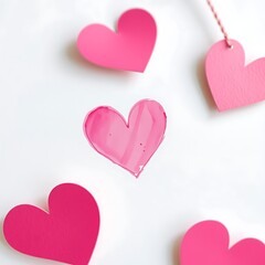 Delicate pink hearts arranged on a clean white surface, soft shadows present