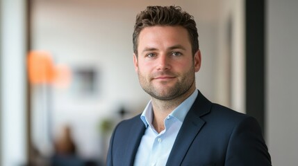 Fototapeta premium Professional man in suit poses confidently in modern office with blurred background activity