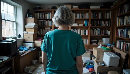 Woman standing in a cluttered room surrounded by boxes and books